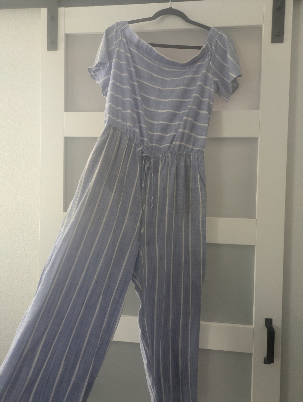 Striped Blue Off-Shoulder Jumpsuit with Drawstring Waist